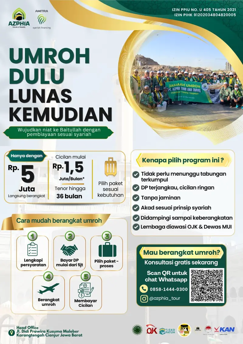 Poster program Umroh Dulu Lunas Kemudian AZPHIA Tour: DP mulai Rp 5 juta, cicilan mulai Rp 1,5 juta per bulan, tenor hingga 36 bulan