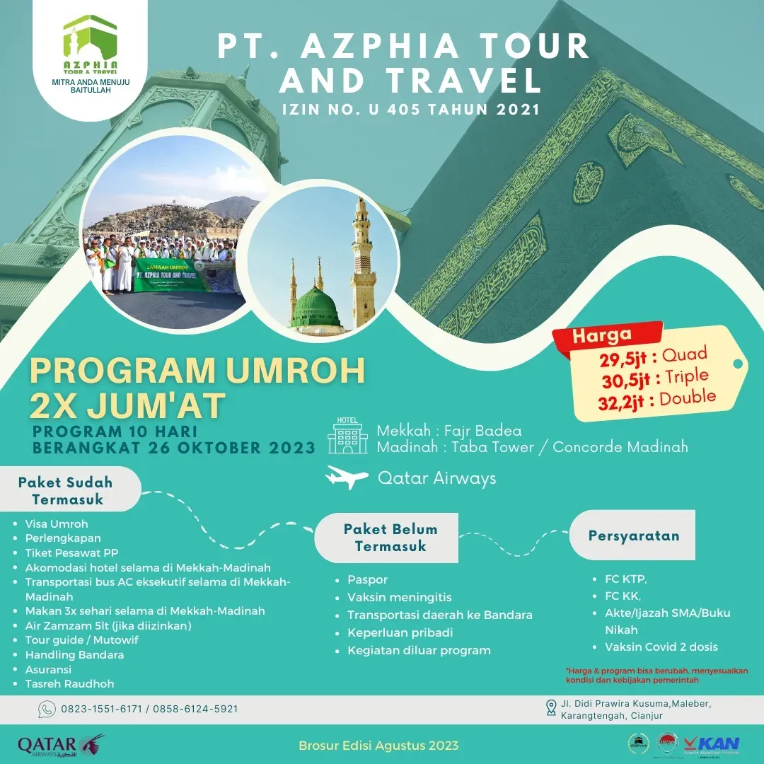 Brosur program umroh 2x Jumat 10 hari berangkat 26 Oktober 2023 Qatar Airways