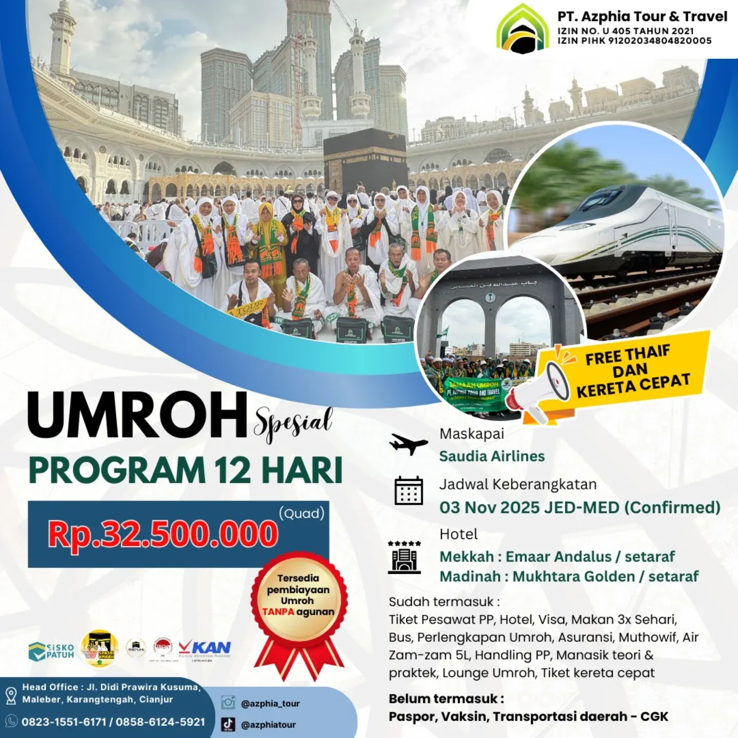 Brosur umroh spesial 12 hari berangkat 3 November 2025 harga Rp 32,5 juta tiket kereta cepat