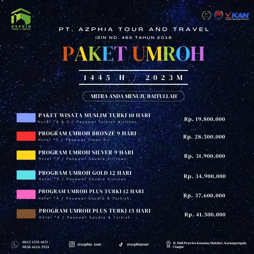 Daftar harga paket umroh 1445 H 2023 M dari Bronze 9 hari sampai Plus Turki 15 hari