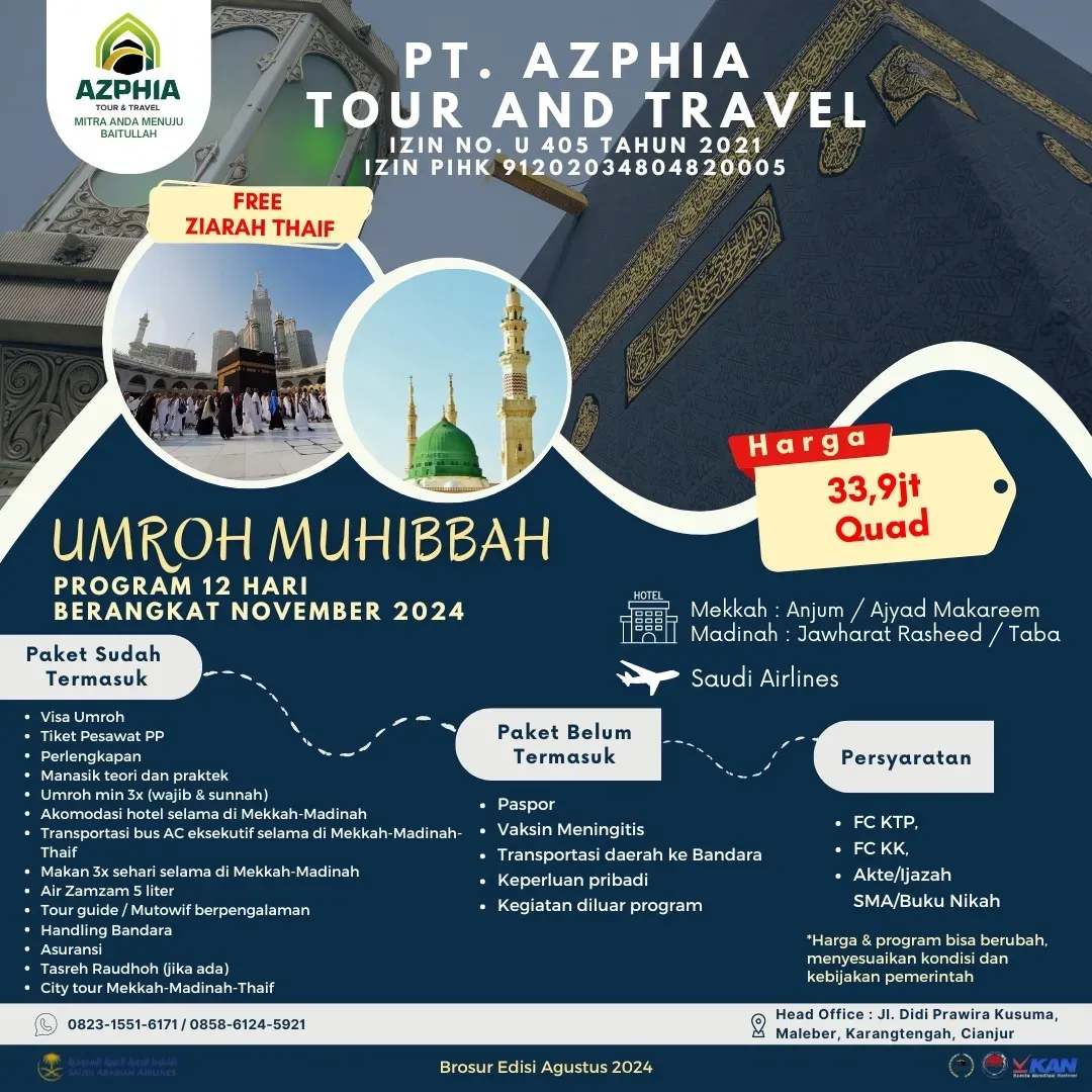 Brosur umroh Muhibbah 12 hari berangkat November 2024 harga Rp 33,9 juta free ziarah Thaif