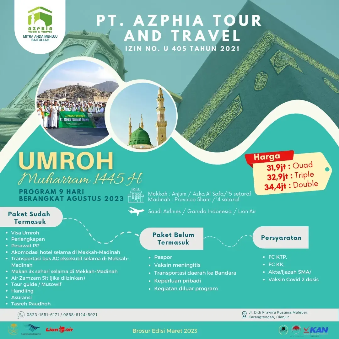 Brosur umroh Muharram 1445 H program 9 hari berangkat Agustus 2023 harga mulai Rp 31,9 juta